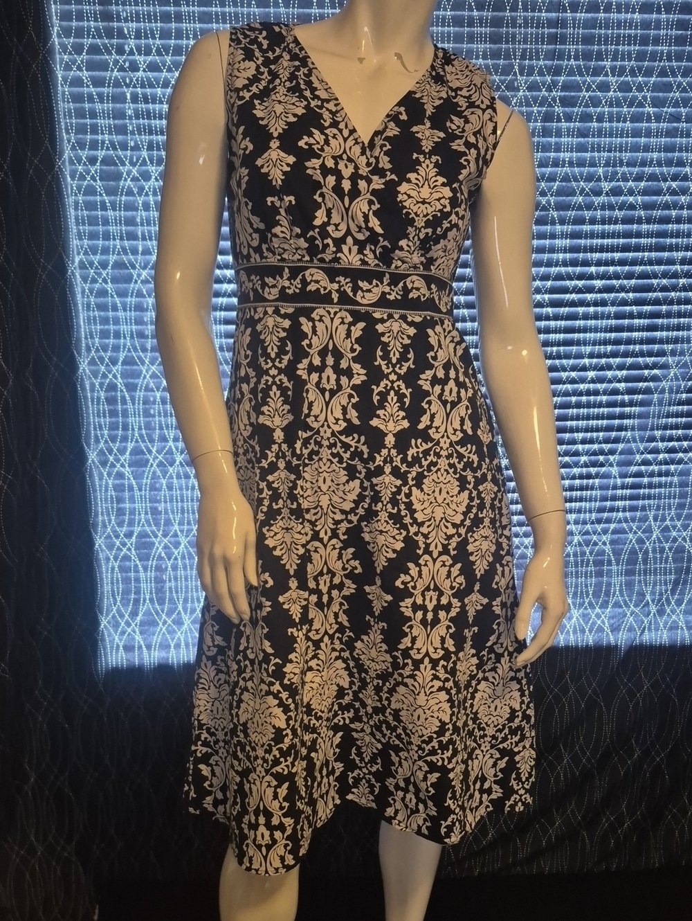 croft & barrow Navy and White V-Neck Damask Fit-and-Flare Dress